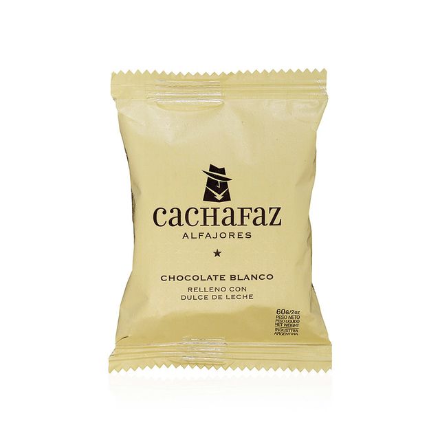 ALFAJORES ALFAJOR RELLENO CON DULCE DE LECHE CUBIERTO CON CHOCOLATE BLANCO - Cont. neto: 6 U - Marca: CACHAFAZ