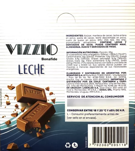 385 - Tableta de chocolate Vizzio Leche - Cont. neto: 90 g - Marca: Bonafide - numero: 385