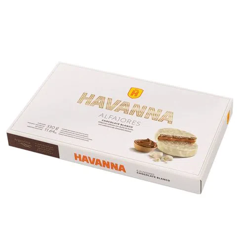 Alfajores cubierto con chocolate blanco - Pack x 6 u. (La foto es a modo ilustrativo, la caja puede variar sin previo aviso) - Marca: HAVANNA