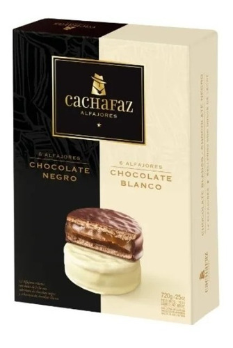 Alfajor relleno con dulce de leche cubierto con chocolate / chocolate blanco - Pack x 12 u. - Marca: CACHAFAZ