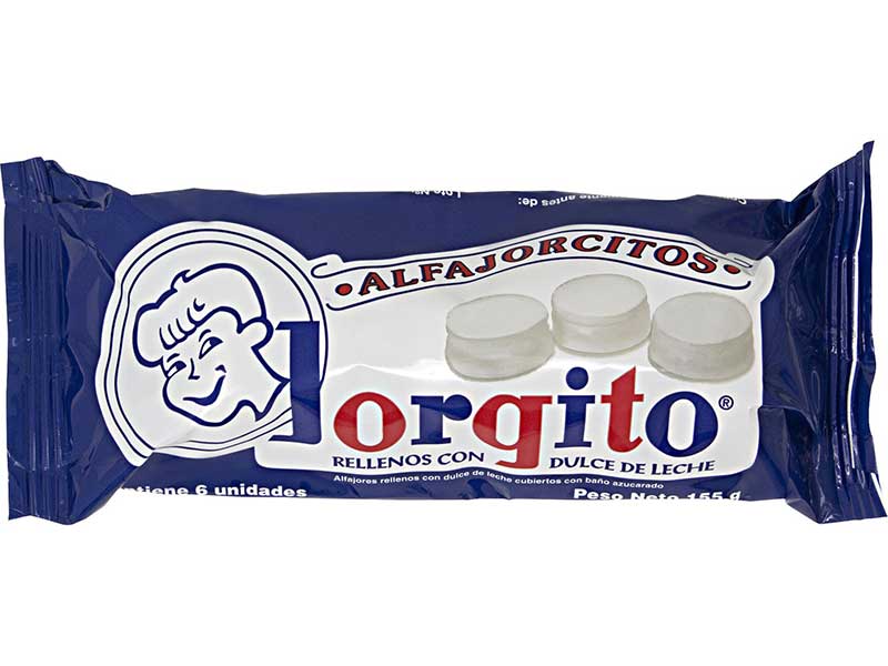 Alfajores rellenos con dulce de leche cubierto con baño azucarado - Paquete de 6 u. - Marca: JORGITO