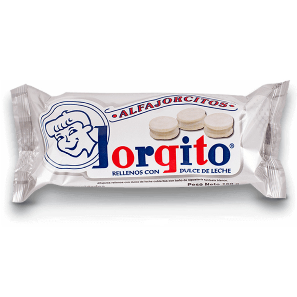 Alfajores rellenos de dulce de leche cubierto con baño de repostería fantasía blanco - 6 u - Marca: JORGITO