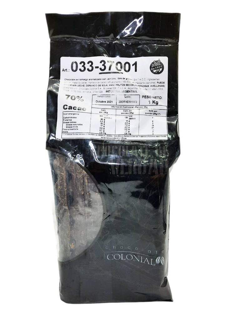 Chocolate cobertura semiamargo 70% cacao - 1Kg. / 2,2Lb. - Marca: COLONIAL