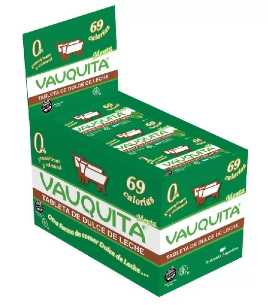 Tableteta de dulce de Leche Con MENTA - 450gr. / 15,87Oz. - Cantidad: Caja x 18 u. (25 gr. c/u) - Marca: VAUQUITA