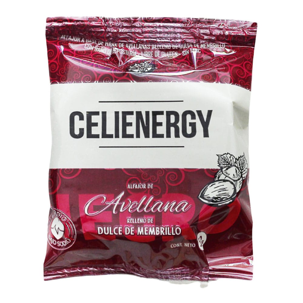 Alfajor de Avellana con relleno de dulce de membrillo con baño de repostería - 50gr. / 1,76Oz. - Cantidad: Por unidad - Marca: CELIENERGY