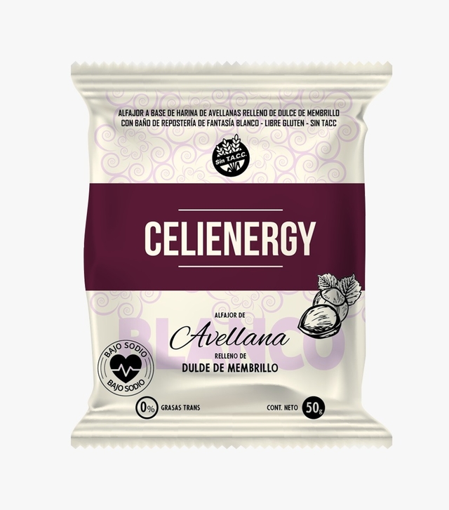 Alfajor de Avellana con relleno de dulce membrillo con baño de repostería de fantasía blanca - 50gr. / 1,76Oz. - Cantidad: Por unidad - Marca: CELIENERGY
