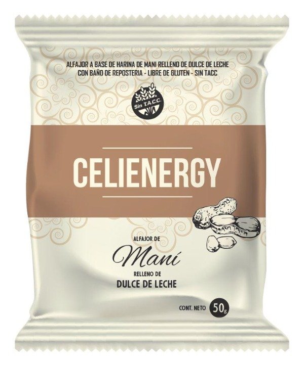 Alfajor de Maní con relleno de dulce de leche con baño de repostería - 1,2gr. / 0,04Oz. - Cantidad: Pack x 24 u. (50 gr. c/u) - Marca: CELIENERGY