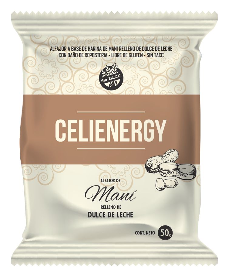 Alfajor de Maní con relleno de dulce de leche con baño de repostería - 600gr. / 21,16Oz. - Cantidad: Caja x 12 u. (50 gr. c/u) - Marca: CELIENERGY