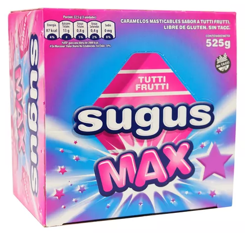 Caramelos masticables SUGUS MAX con sabor a TUTTI FRUTTI - Caja x 70 u. - 525 gr. / 18,52 Oz. - Marca: SUGUS