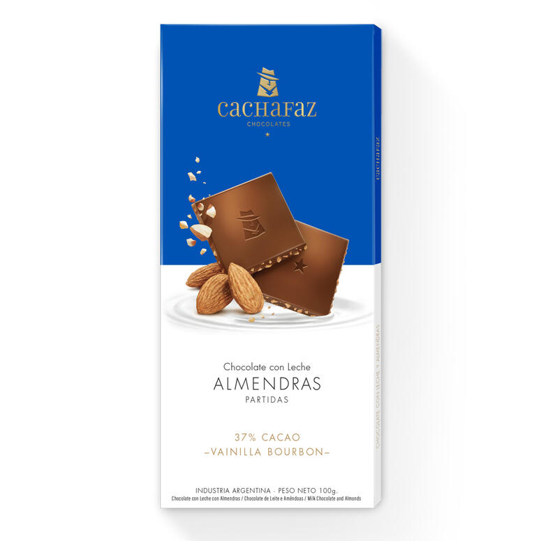 Chocolate 37% Cacao con Leche y Almendras - Flowpack - 100 gr. / 3,53 Oz. - Marca: CACHAFAZ
