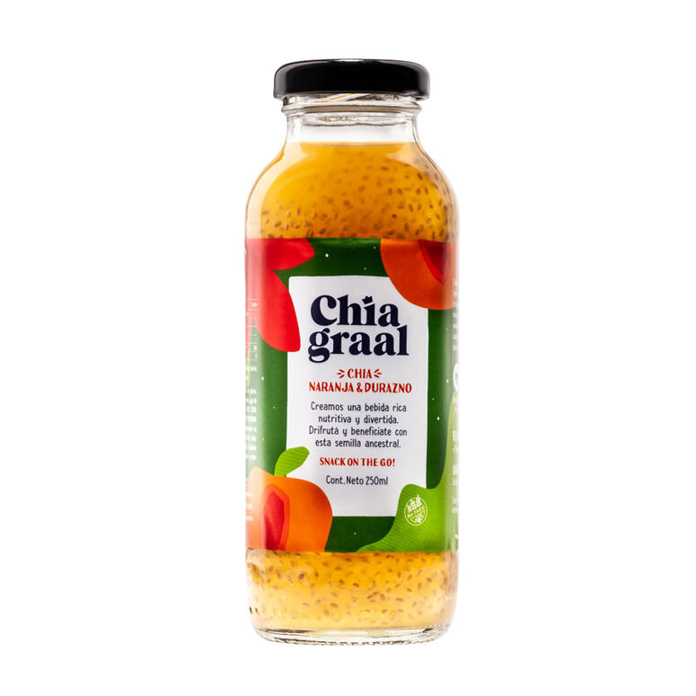 Jugo de frutas con semillas de chia Durazno, Naranja & Chia - Botella - 250 ml. / 8,45 fl Oz. - Marca: Chia Graal