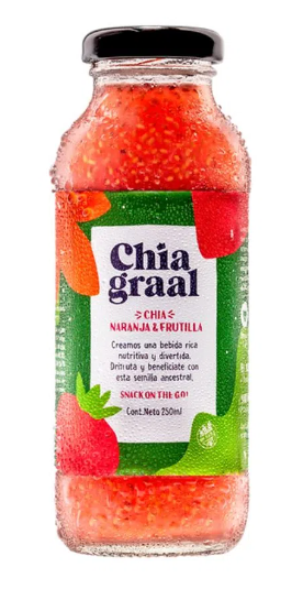 Jugo de frutas con semillas de chia Frutilla, Naranja & Chia - Botella - 250 ml. / 8,45 fl Oz. - Marca: Chia Graal