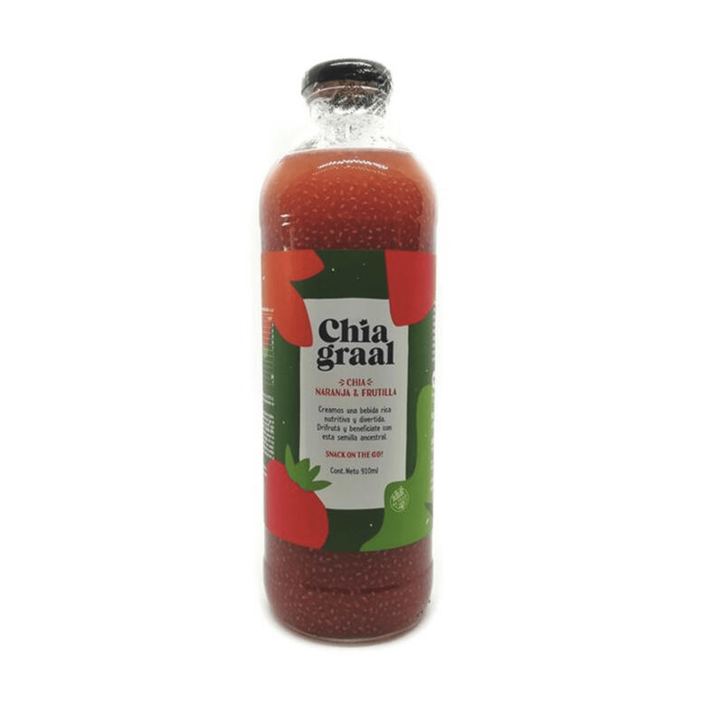 Jugo de frutas con semillas de chia Frutilla, Naranja & Chia - Botella - 910 ml. / 30,77 fl Oz. - Marca: Chia Graal