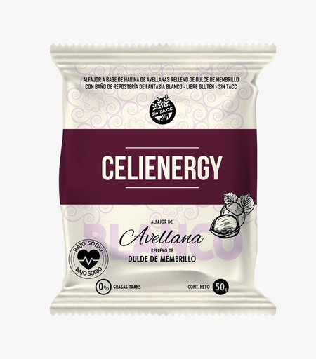 [TDS-01550] Alfajor de Avellana con relleno de dulce membrillo con baño de repostería de fantasía blanca - 1,2gr. / 0,04Oz. - Cantidad: Pack x 24 u. (50 gr. c/u) - Marca: CELIENERGY