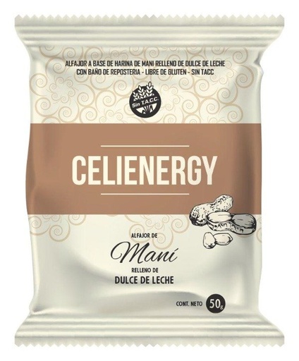 [TDS-01551] Alfajor de Maní con relleno de dulce de leche con baño de repostería - 1,2gr. / 0,04Oz. - Cantidad: Pack x 24 u. (50 gr. c/u) - Marca: CELIENERGY